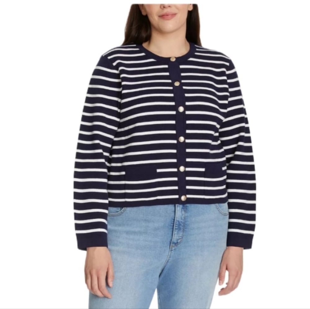 Nine West Women's Cardigan, Navy/White Stripe - Large